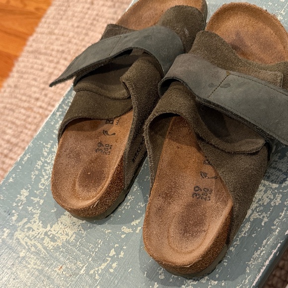 Birkenstock Shoes - Birkenstock Olive Green Suede Slide Sandals